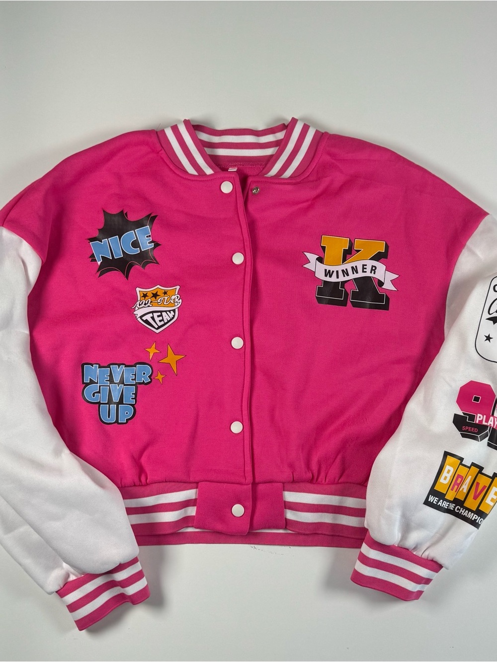 Women’s Pink Varsity Bomber Jacket with White Sleeves